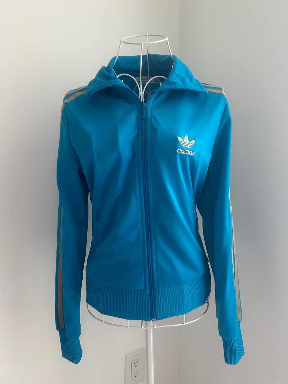 Adidas Originals Vintage Turquoise Blue Beige Trefoil Track Jacket / Size Small